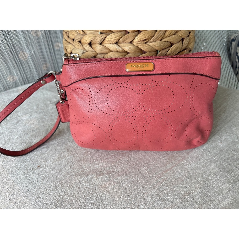 Coach Perforated Signature Leather Wristlet Coral Pink Zip Top Bag